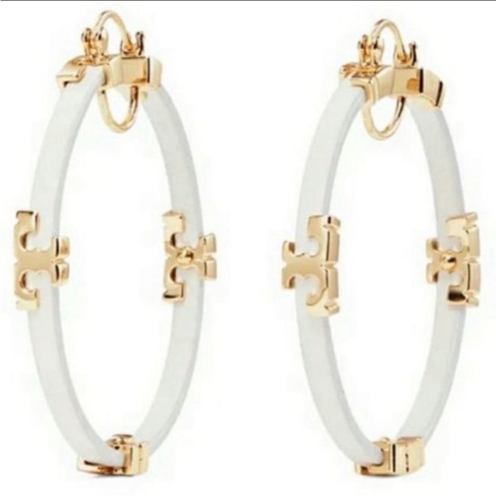 Tory Burch white leather sheriff T hoop earrings - Picture 1 of 7